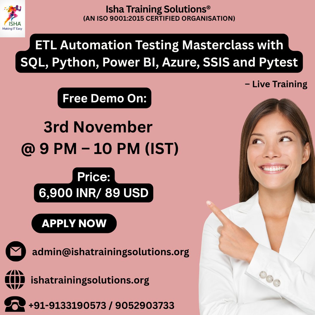 IshaKumargupta's tweet image. ETL Automation Testing Masterclass with SQL, Python, Power BI, Azure, SSIS and Pytest – Live Training
Free Demo On:3rd November @ 9 PM(IST)/3rd November @ 10:30 AM(EST)
For Registration
docs.google.com/forms/d/e/1FAI…
call/WhatsApp @ +91-9133190573
#ETLTesting #ETLAutomation #DataTesting