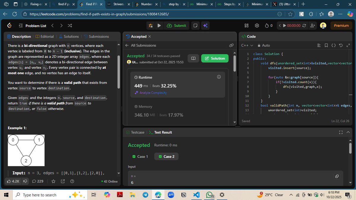 UttamYadav_01's tweet image. Day 78/90 #90DayChallenge
 
DSA

📘Today I explored Graph Traversal — learned how to traverse using BFS &amp;amp; DFS along with their code implementations.

🧩Solved: Find if Path Exists in Graph (LC-1971)
♞ Tried: Minimum Steps to Reach Target by a Knight
#DSA #Graph #CodingJourney