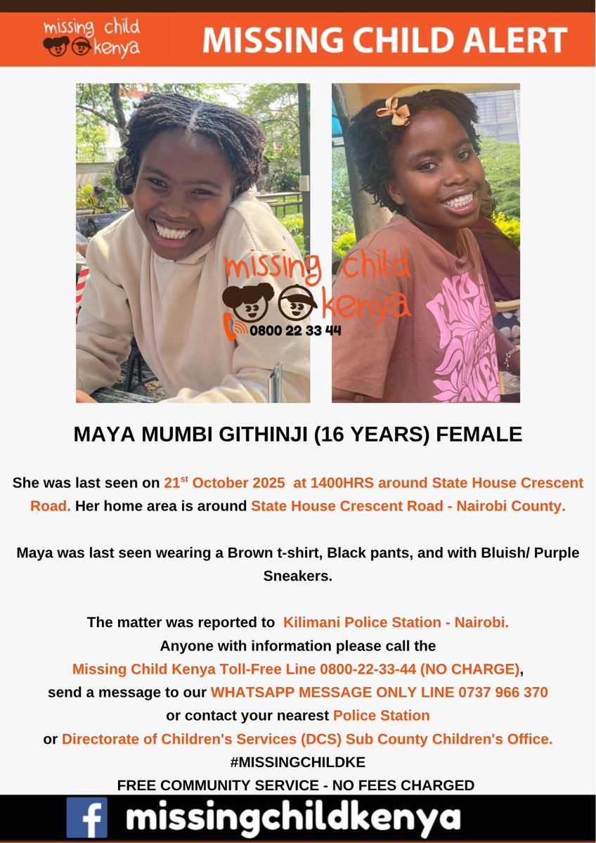 MAYA MUMBI GITHINJI (16 YEARS) FEMALE #MISSINGCHILDKE