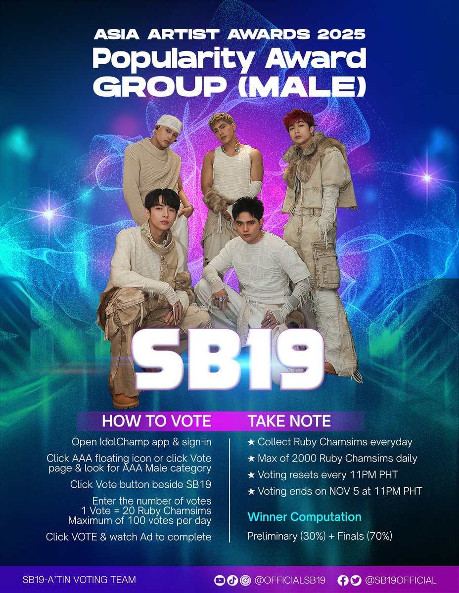 💗💗💗 AAA'TIN REMINDER 💗💗💗

AAA 2025 Popularity Award:
Group (Male) Final Round

📢 Last 14 days to go! Kompleto na ba ang attendance? Naka-sagot na ba ng relay quiz? Naka-roleta na ba? The time is running! Please collect Ruby❤️Chamsims everyday. 🙏 And wait for the Voting
