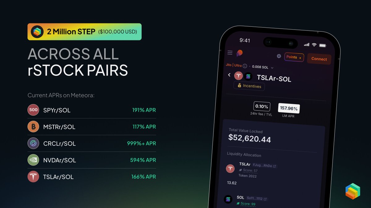 Step Finance rewards for rStock pairs on Meteora with high APRs