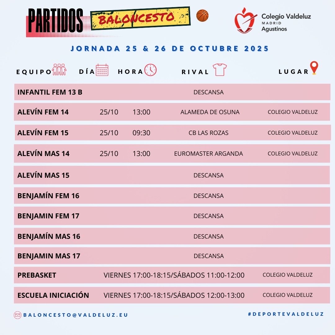 🏀🏀 Proxima jornada de <a href="/ValdeluzBasket/">Baloncesto Valdeluz</a>. <a href="/DeporteValdeluz/">Deportes Colegio Valdeluz</a> #baloncesto