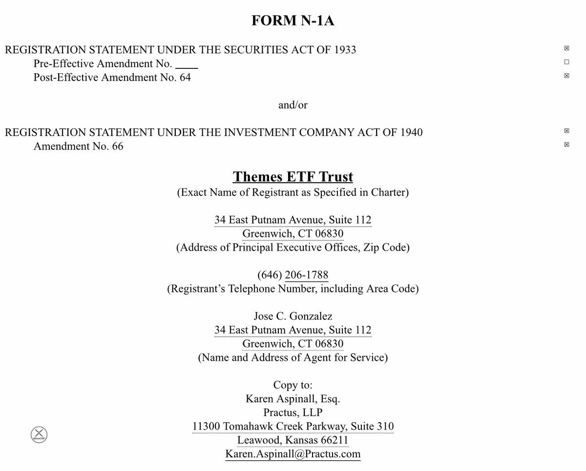 BankXRP's tweet photo. 📢 The Themes ETF Trust has filed a Post-Effective Amendment delaying the effectiveness of its registration statement for 8 proposed crypto-related ETF series (2× long &amp; 2× short on BTC, ETH, XRP, SOL) until November 6, 2025. #ETF #crypto”

https://t.co/fL3Nne1W9u https://t.co/OC6g8cHsNl