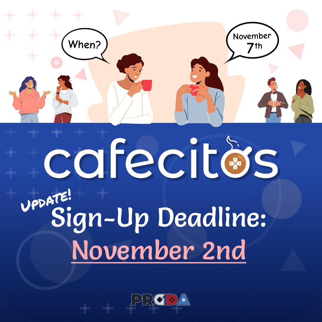 prgamedevs's tweet image. New deadline for our CAFECITOS sign-ups is now November 2nd! ☕️
Sign-up forms will close at 11:59 PM EST (12:59 AM AST - Nov. 3rd)!
Sign up as a MENTEE: forms.gle/uB9cRn9bKySvz5…
Sign up as a MENTOR: forms.gle/BNZsZniY46f7tj…