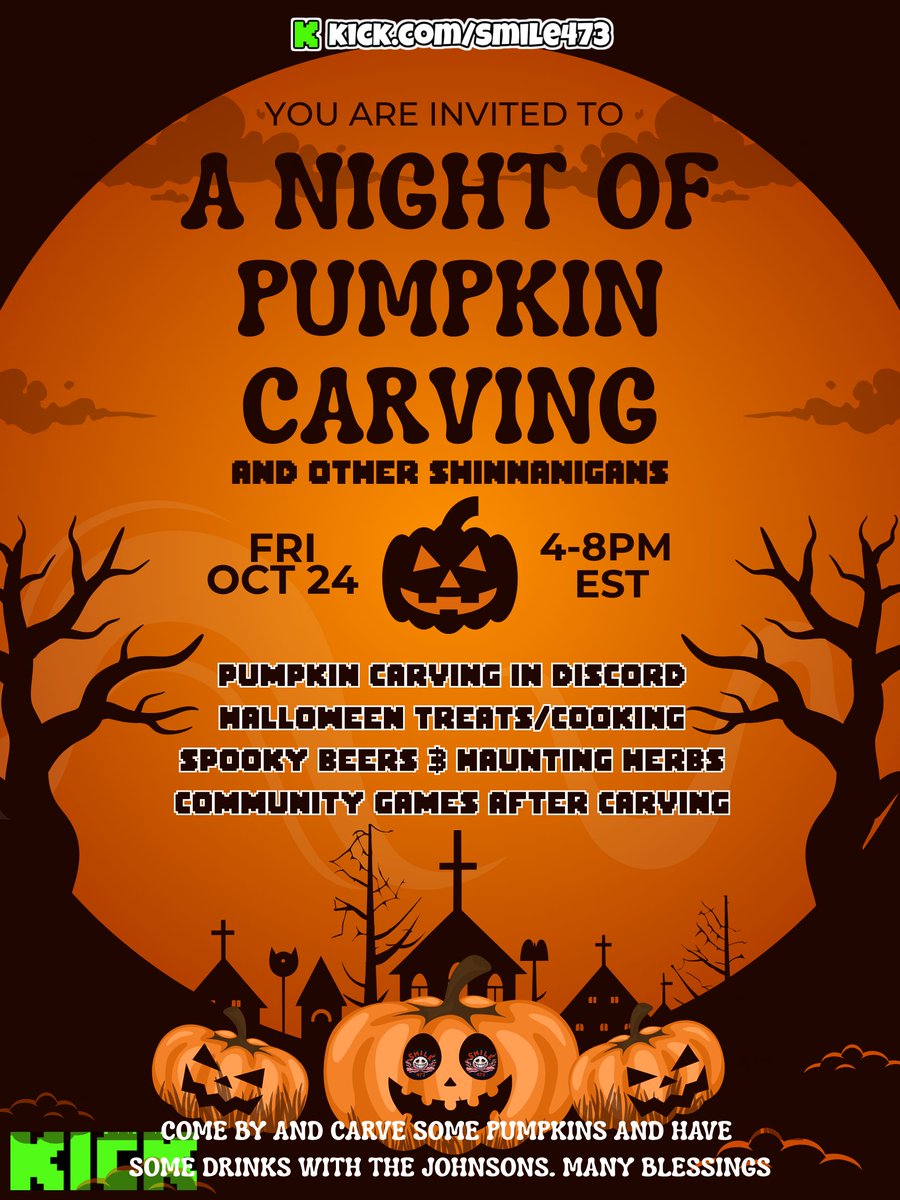 Hey folks. we got breakfast starting now and pumpkin carving on friday.
Get your pumpkins ready and come out to the stream for some carving along with some drinks in discord and games later on. 

Many Blessings

<a href="/KickCommunity/">KICK Community</a> 
<a href="/KickStreaming/">KICK</a>