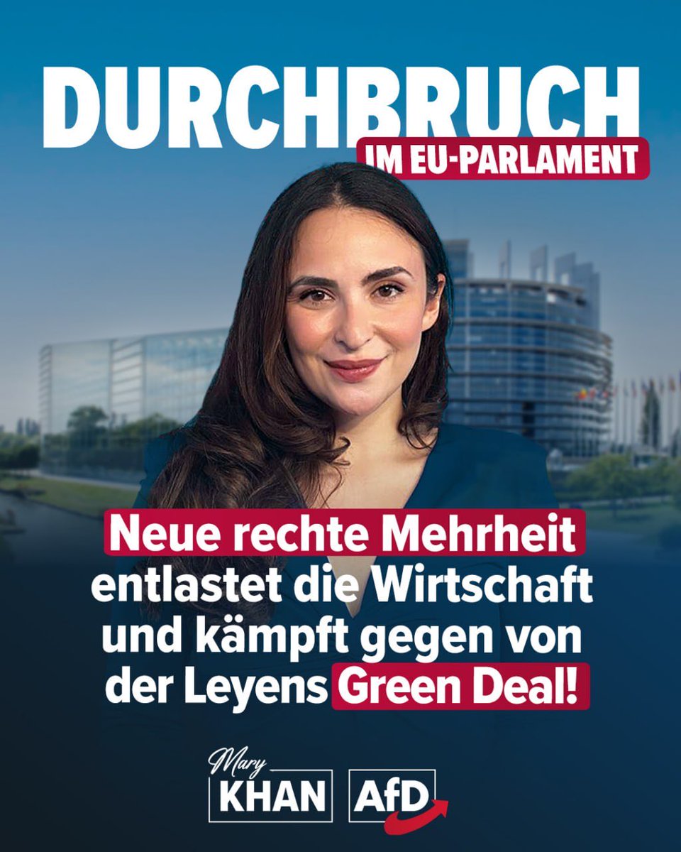Mary_Khan94's tweet image. Rechte Mehrheit im EU-Parlament – Wir beenden den Green Deal!
Mit dem sogenannten Green Deal hat die EU-Kommission unter Ursula von der Leyen den Grundstein für den wirtschaftlichen Niedergang Europas gelegt. Unsere Unternehmen wurden mit endloser Bürokratie und enormen Kosten…