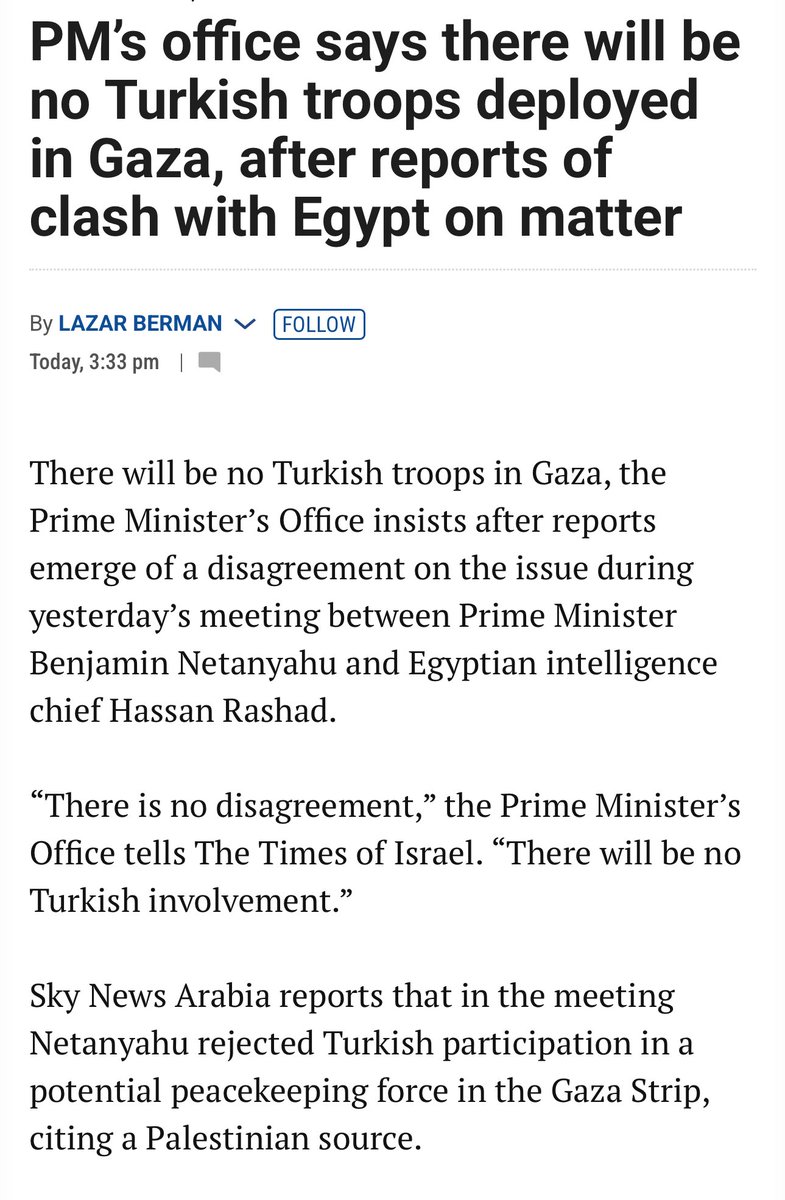 #SONDAKİKA İsrail Başbakanlık Ofisi: 

“Gazze’ye Türk askeri konuşlandırılmayacak.”

Times of Israel’e yapılan açıklamada, “Herhangi bir anlaşmazlık yok, Türk askeri katılımı olmayacak” denildi.

Sky News Arabia’ya göre Netanyahu, Mısır İstihbarat Başkanı ile görüşmesinde de