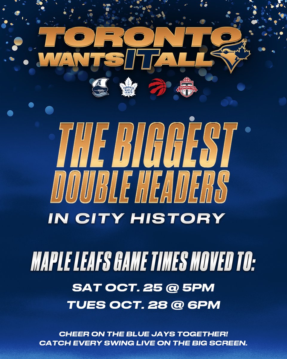 Toronto Maple Leafs (@mapleleafs) on Twitter photo 🚨 GAME TIME CHANGES 🚨
Stay after and watch the <a href="/BlueJays/">Toronto Blue Jays</a> in the #WorldSeries on the video board!! 🚨 GAME TIME CHANGES 🚨
Stay after and watch the <a href="/BlueJays/">Toronto Blue Jays</a> in the #WorldSeries on the video board!!