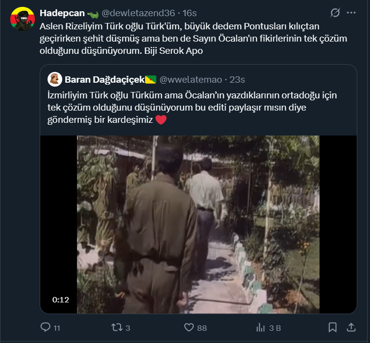 Kanı bozuk, şeref, haysiyet ve insanlık yoksunları Türkmüş gibi konuşarak, yazarak Terör Örgütü Propagandası yapıyor, Terörist övüyor ve dezenformasyon yapıyor. Bu yasalar sadece Türkler için mi geçerlidir? Bir şey yapmayı düşünmüyor musunuz? <a href="/SiberayEGM/">Siberay</a> <a href="/iletisim/">T.C. İletişim Başkanlığı</a> <a href="/idriskardas/">İdris Kardaş</a>