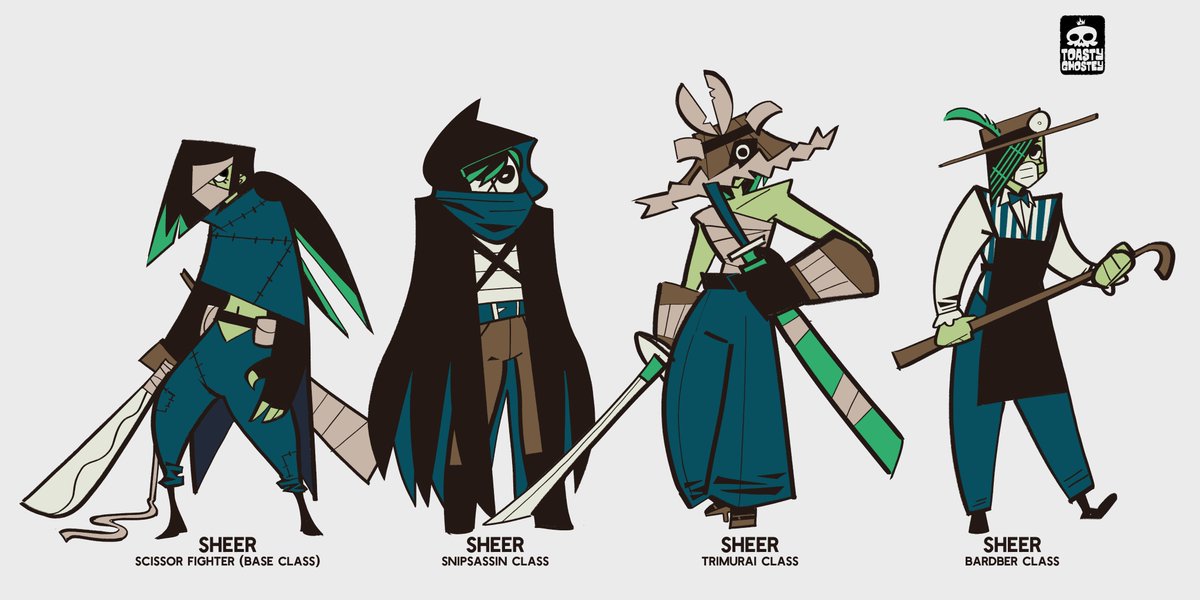 Character design — Paige the Paper Mage, Sheer the Scissor Fighter.