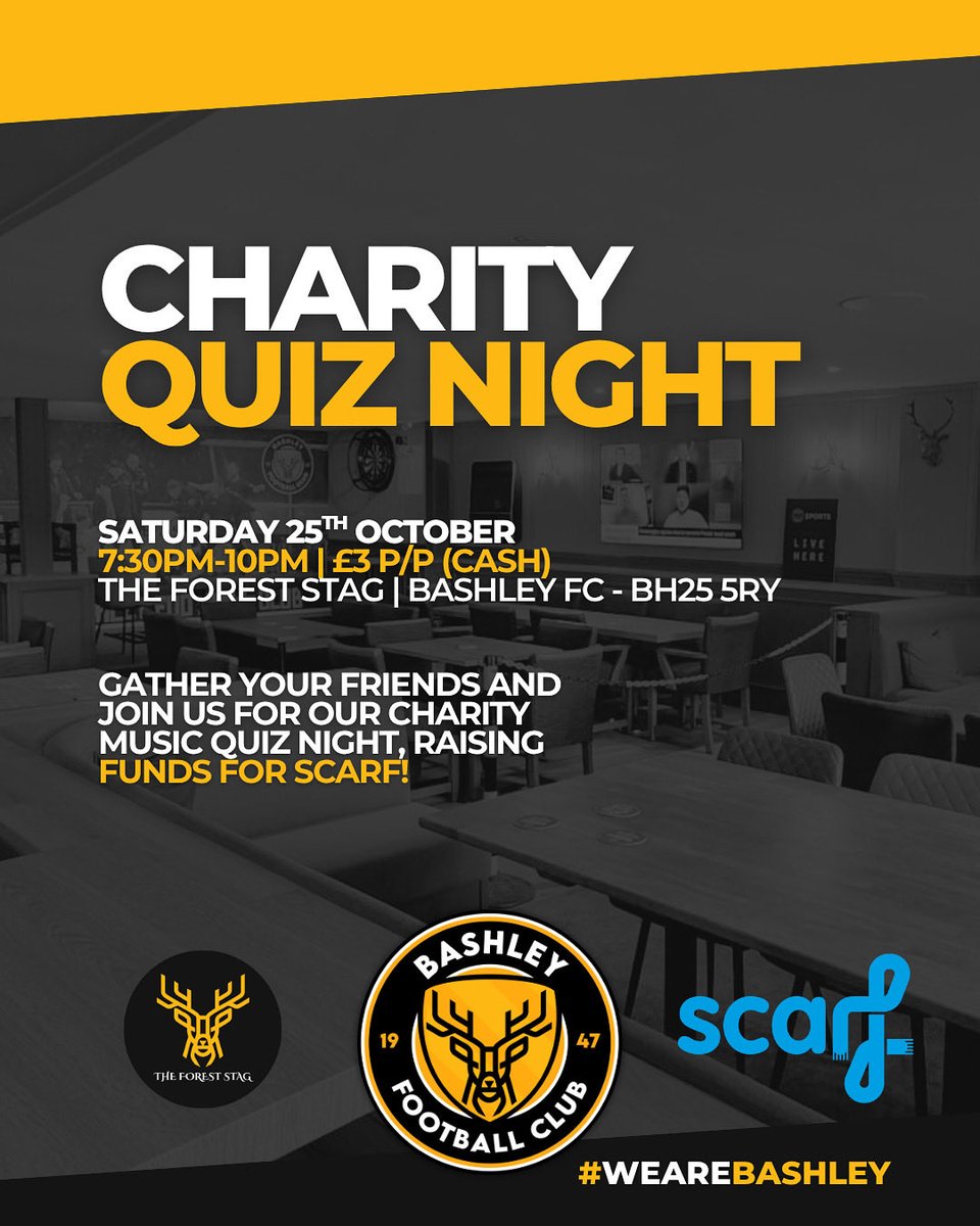 CHARITY QUIZ NIGHT – WITH BOB WEST 🤩

📅 Date: Sat 25th October
🕗 Time: 7.30- 10pm
📍 Venue: The Forest Stag

ℹ️ £3 per person to enter, max team of 6. All proceeds going to SCARF new forest. 

Community is at the heart of everything we do 🖤💛

#TheForestStag
#WeAreBashley