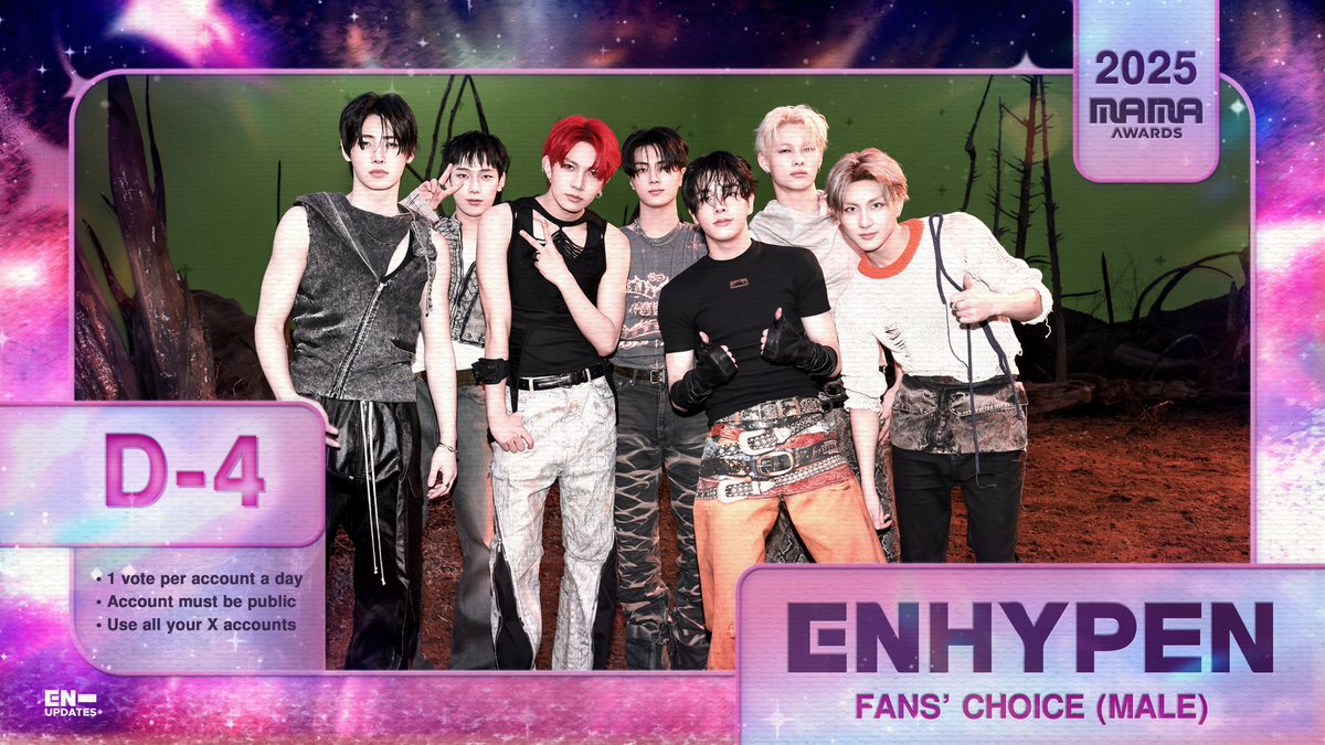 [ 2025 MAMA VALID VOTE | D-4 ]

For Fans’ Choice (Male):
▶️ RT this tweet
▶️ Vote on the MNET PLUS app with ALL your accounts and devices

<a href="/ENHYPEN_members/">ENHYPEN</a> <a href="/ENHYPEN/">ENHYPEN OFFICIAL</a> #2025MAMAVOTE #enhypen