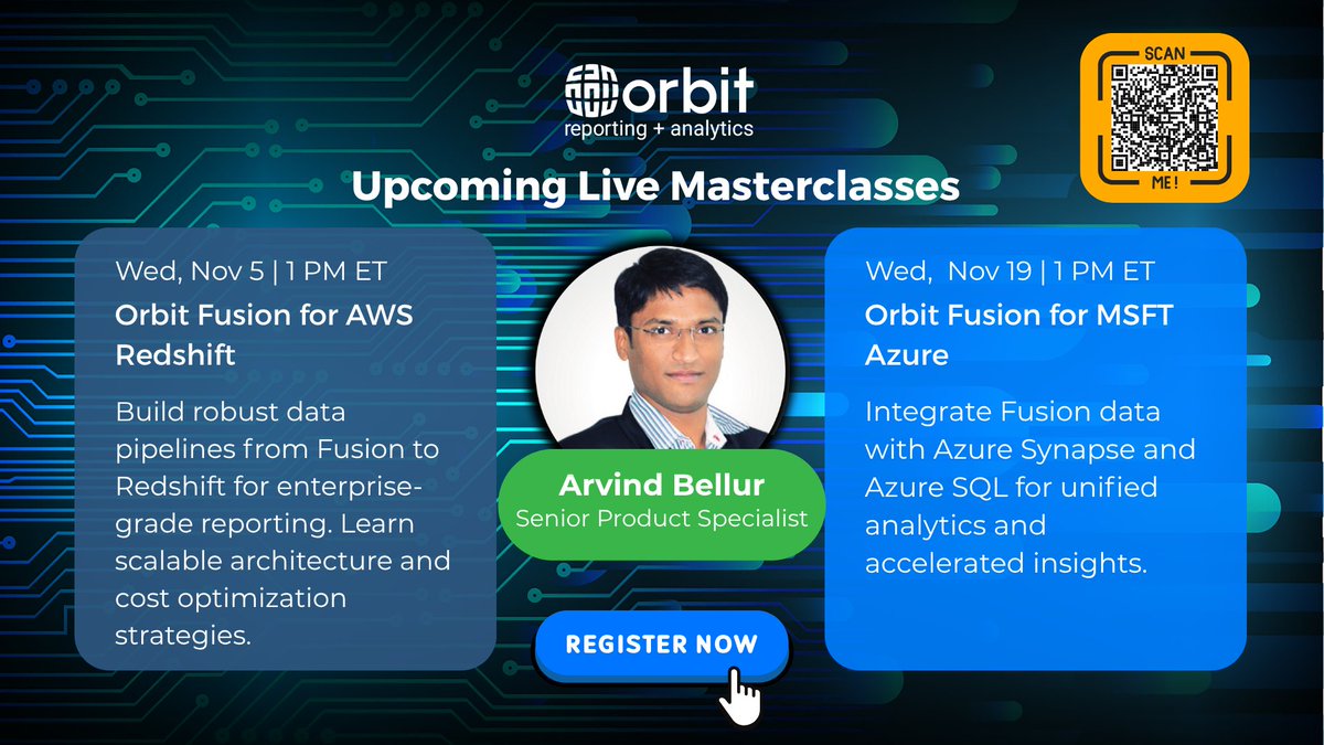 OrbitAnalytics's tweet image. Ready 2 supercharge your #datapipelines?
Join us for 2 exclusive masterclasses:
✅ Nov 5: Fusion + #AWSRedshift
✅ Nov 19: Fusion + #Azure
Explore pre-built data models, incremental sync, Excel reporting &amp;amp; AI-driven insights—all in 60 mins! hubs.la/Q03PGm6p0
#OrbitAnalytics