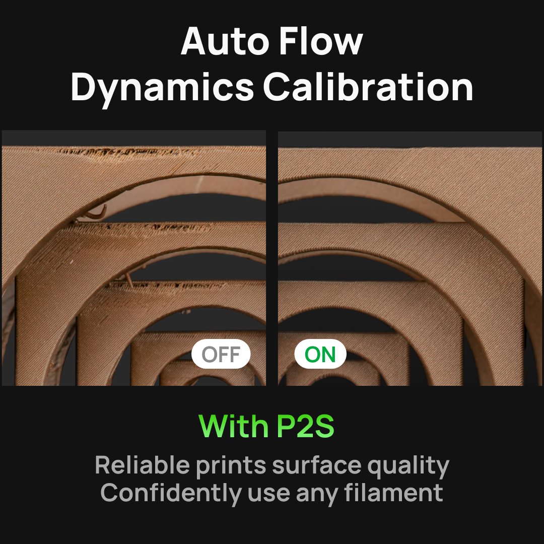 BambulabGlobal's tweet image. Imagine never having to tweak settings for a new filament.
With P2S's Auto Flow Dynamics Calibration, the printer calibrates itself to deliver a perfectly smooth surface, no matter what filament you use.
Trust your prints with P2S, because it's just that reliable.
#BambuLab…