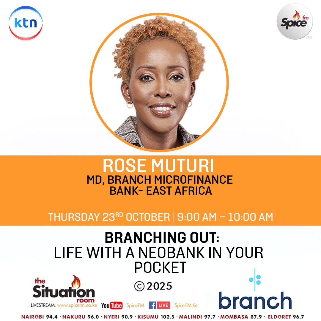 branch_mfb's tweet image. What if your bank actually lived in your pocket? 💸
Catch our MD, Rose Muturi, tomorrow from 9:00AM to 10:00 AM on The Situation Room on @SpiceFMKE as she shares how Branch is transforming everyday banking. From a digital lender to a full-fledged neobank that helps you save,…