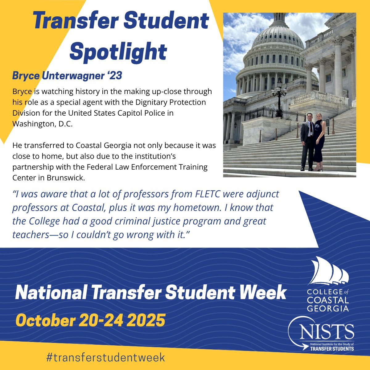💙 It’s #TransferStudentWeek! Meet Bryce Unterwagner ’23, who transferred to #CoastalGeorgia for criminal justice. He’s now a special agent with the U.S. Capitol Police and the first-ever recipient of the John Gibson Award! 🇺🇸✨

👉 bit.ly/47dlFgZ

#TransferStudentWeek