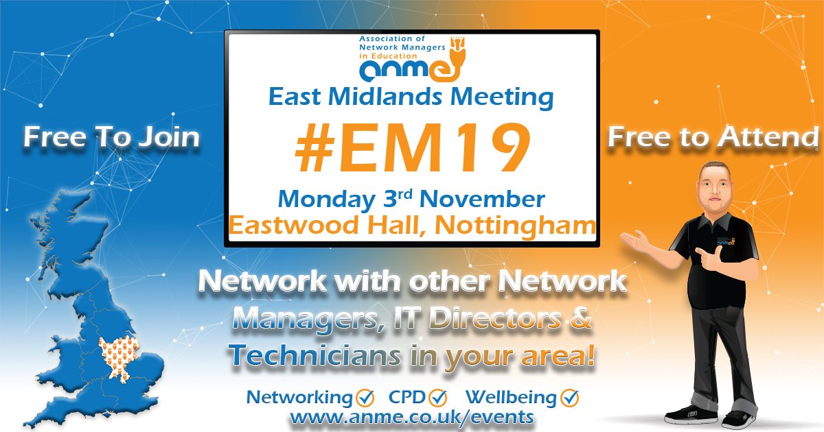 ANME Members! Join us at East Midlands Meeting 19 (#EM19) - 3 Nov in Nottingham.
Highlights: Helen Caldwell on scaling IT in MATs, James Earp on CyberSecurity, + EMSOU Decisions &amp; Disruptions cyber exercise.
Free for members inc lunch!
👉 anme.co.uk/events-meeting…

#ANME #EdTech