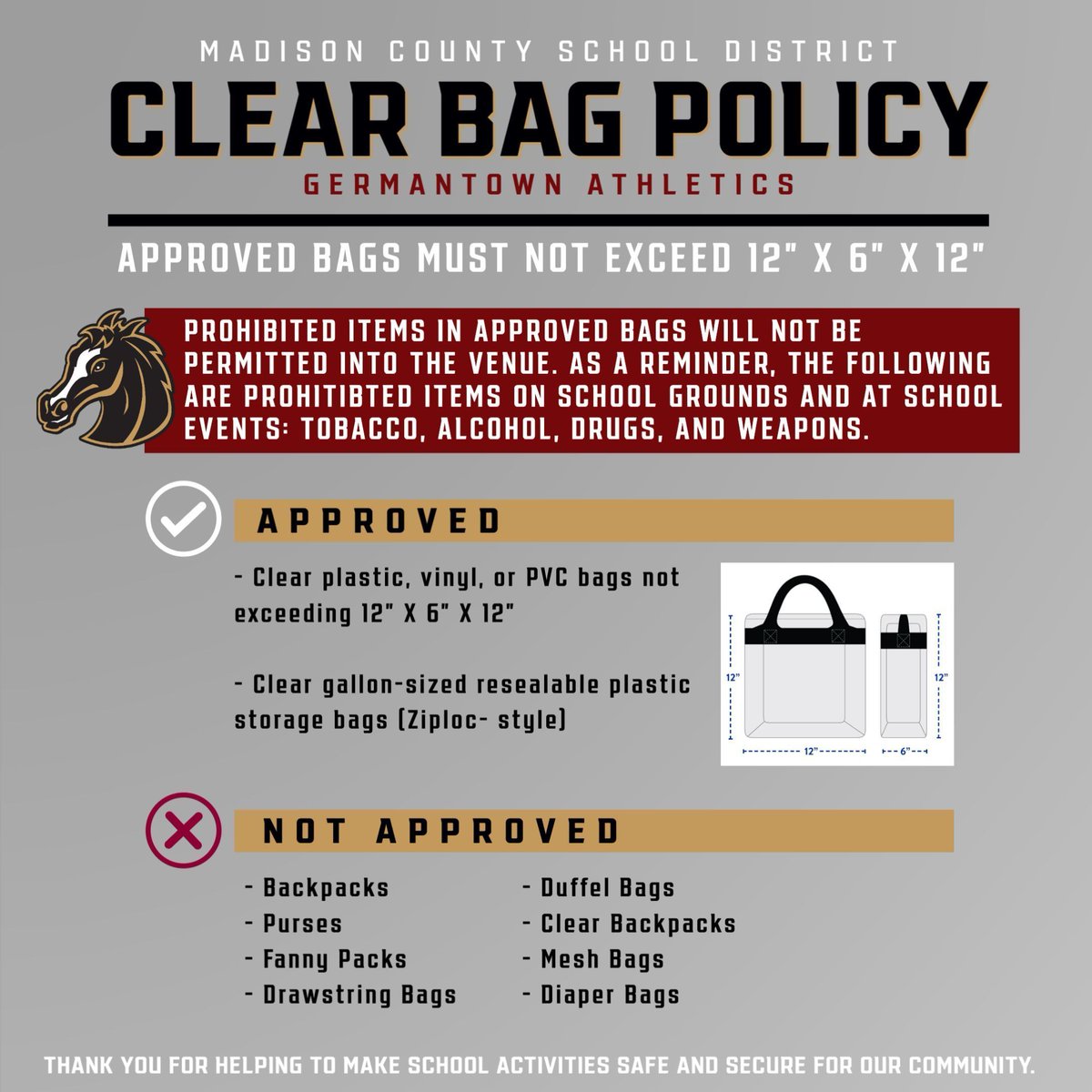 ‼️ CLEAR BAG POLICY ‼️ 
As a reminder, Madison County Schools now has a district wide CLEAR BAG POLICY. Please see the graphic for details.
#gomavs #welcometotheranch