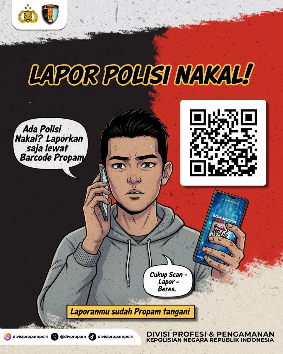 Jika kamu mengalami dugaan pelanggaran yang dilakukan anggota Polri, jangan ragu untuk melapor. 

kamu bisa menggunakan layanan pengaduan resmi kami 

Dengan Scan barcode terlampir, sampaikan laporanmu dengan jelas, sertakan bukti jika ada dan kami akan tindak lanjuti.
