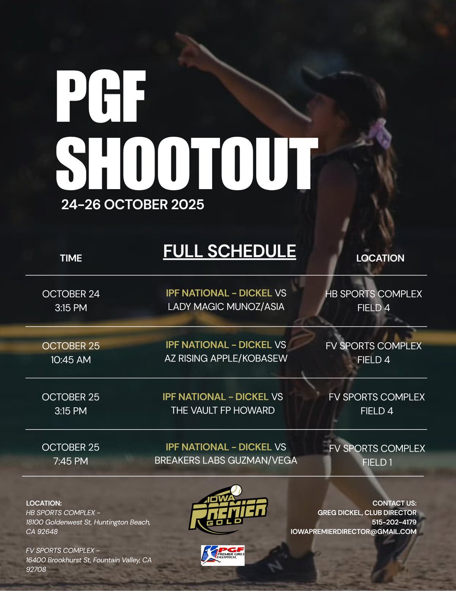 24Tommi's tweet photo. UP NEXT‼️Headed to California for the @PGFnetwork Shootout! Coaches would love to see you there to check us out!! Team is loaded with talent!! Schedule Drop ⬇️⬇️
@IowaPremierFP @PaigeShannonIPF @OliviaPazIPF @SoftbalAmerica @LineDsoftball @ExtraInningSB https://t.co/1rWwcgyU50