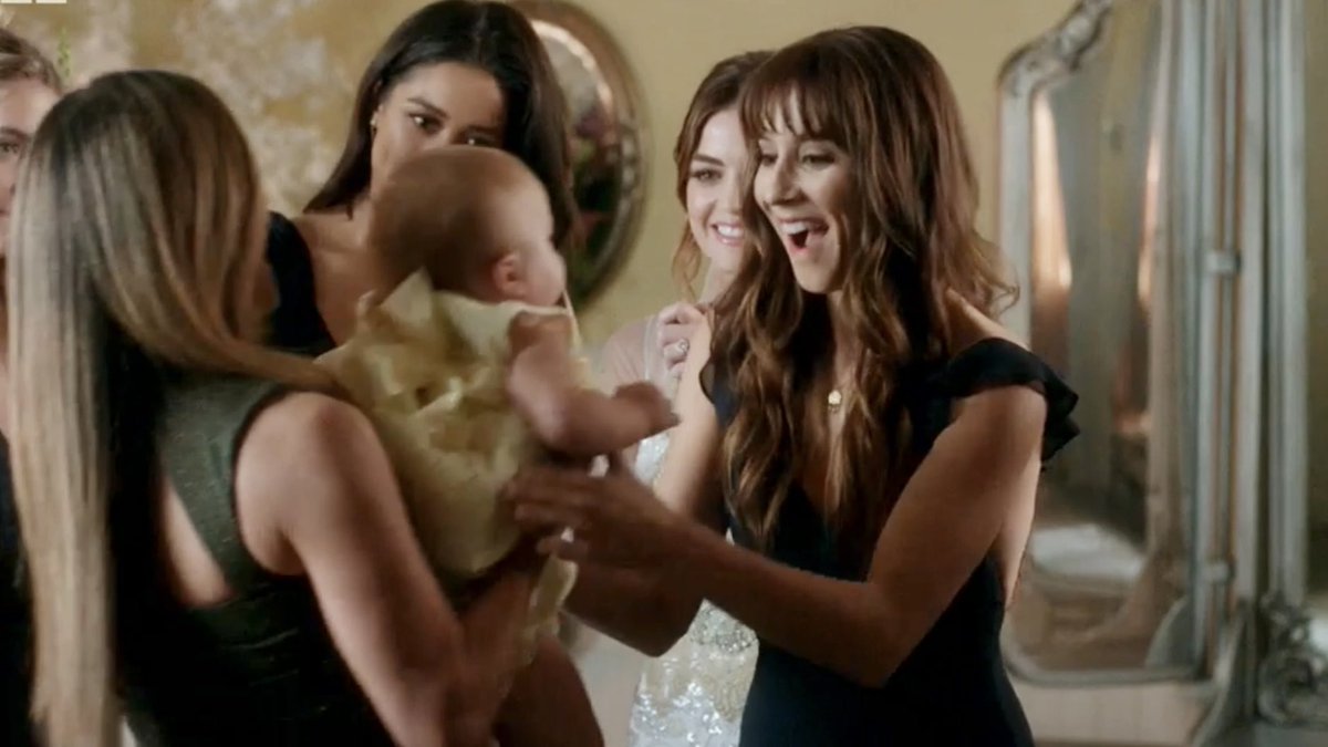 PAM: Sorry, girls. She's a little fussy, so I thought I'd bring her in to see her mommies.
ALEX: May I?
ALISON: Yeah, of course.