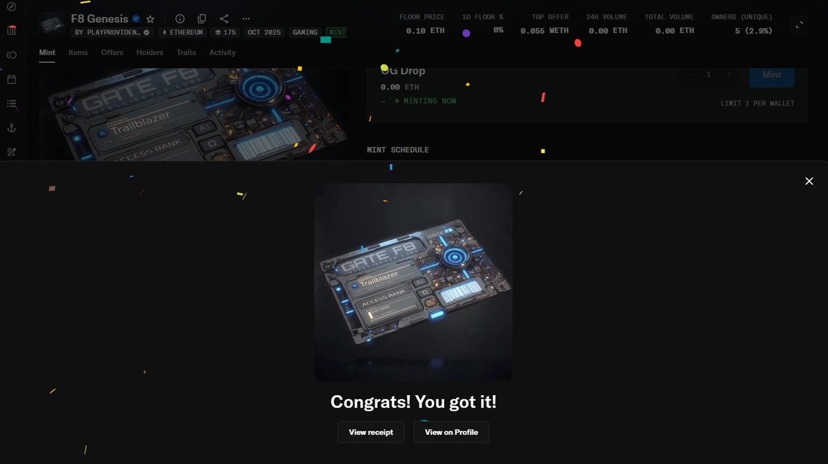 Got minted my F8 Genesis NFT: <a href="/PlayProvidence/">Providence</a> 
Let's focking GO!