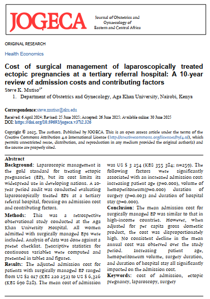 jogecajournal's tweet photo. 📄 JOGECA Vol. 37 Issue 2
10-year review on laparoscopic management costs for ectopic pregnancies at a tertiary hospital.
Findings: costs linked to surgery time, blood loss & hospital stay.
🔗 https://t.co/AdLmCSxA4u
#EctopicPregnancy #HealthEconomics #Gynecology #JOGECA https://t.co/3eOpmVN7Dz