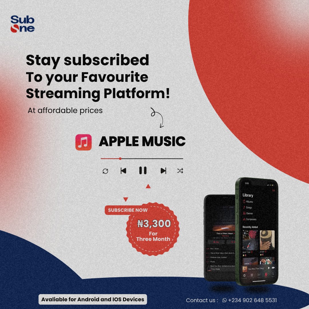 SUB_ONE_'s tweet photo. Unlock 3 months of Apple Music vibes for just ₦3,300 for a valid period of 3 months with Sub One🔥
No card hassle, pure streaming joy.
Whatsapp us on: https://t.co/946VJGQF7w https://t.co/isgvJ82AaW