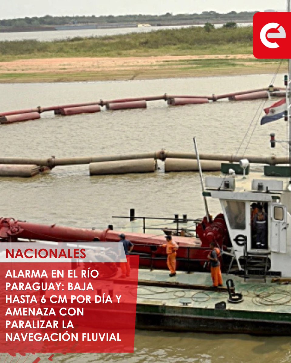 canal_e_py's tweet image. 🌊 El río Paraguay atraviesa una bajante crítica que podría dejar en jaque al transporte fluvial del país.
Según advirtieron los armadores, el nivel del cauce desciende entre 4 y 6 centímetros por día en zonas como Vallemí, Concepción, Asunción y Pilar, una velocidad que podría…