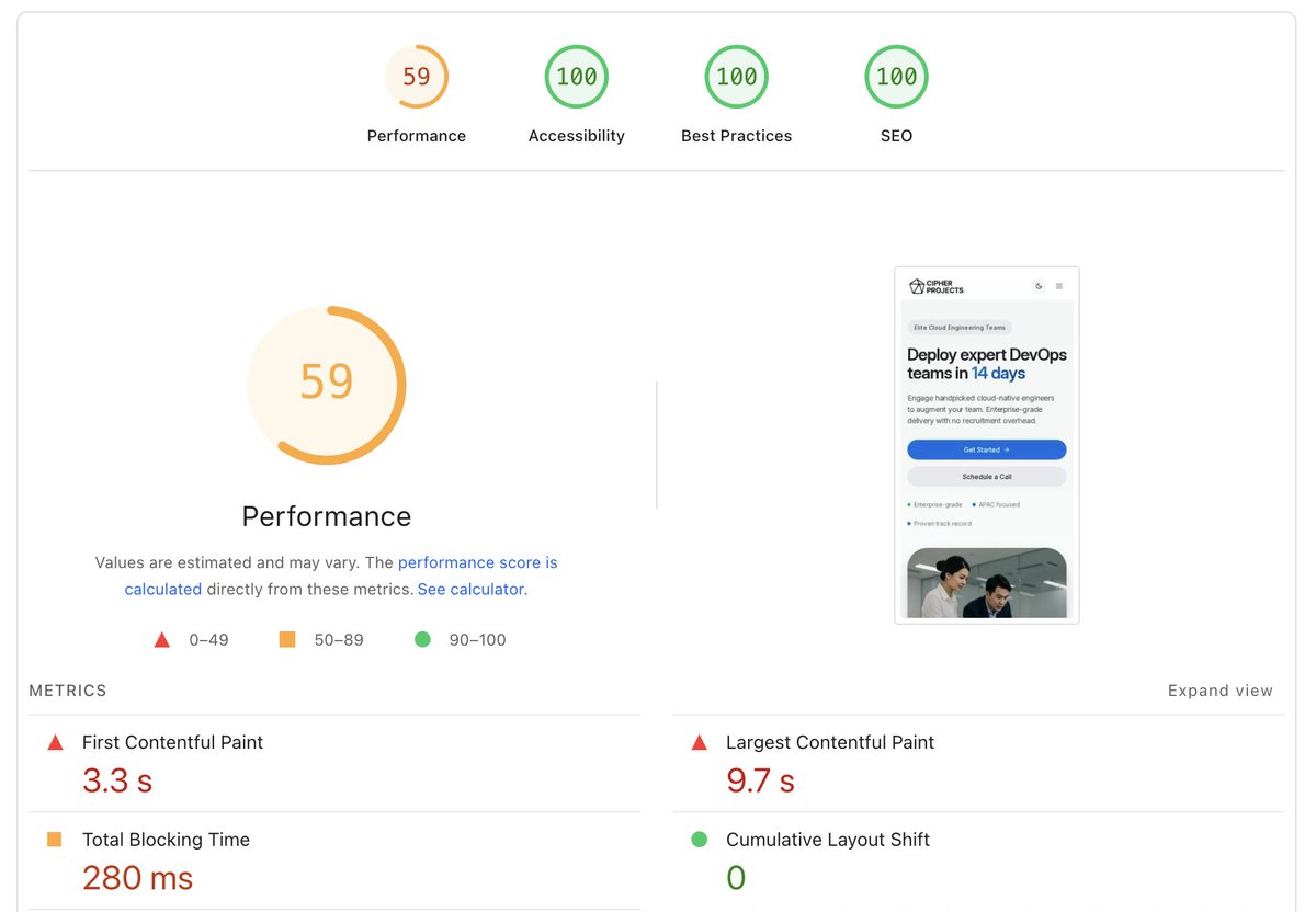 cipherprojects's tweet image. Pagespeed insights is a cruel master. 
One of our devs added navy blue to our website now we are trying to fix a 3.3 second FCP. With SEO and LEO the primary objectives we have to get that down.
We prioritised the above the fold items and lazy load the rest. Claude was able to…