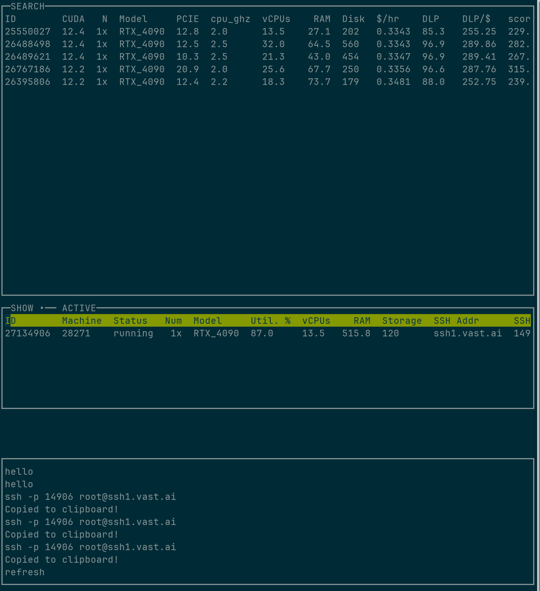 UniflexAI's tweet photo. We run our model experiments on @vast_ai, and to make life easier, I built a simple TUI (terminal UI) tool for managing instances โ all from the command line.
Thinking about open-sourcing it. Would anyone be interested? ๐
#AI #ML #MLOps #TUI #vastai https://t.co/qpPqjAQWEZ