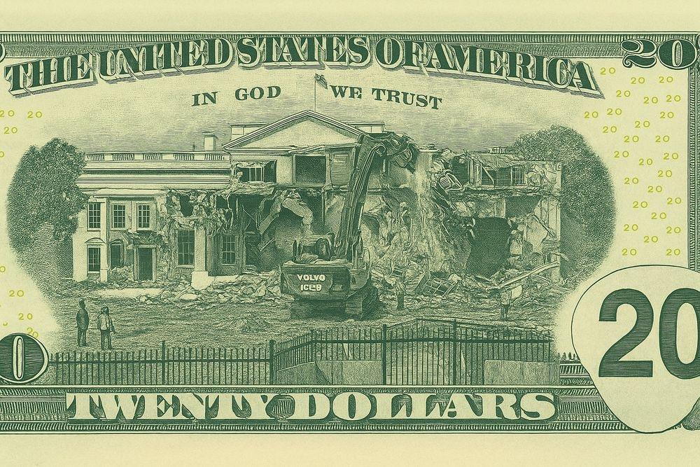 Engraved illustration on a twenty dollar bill shows the White House building with extensive structural damage including collapsed sections and debris scattered around a fenced perimeter a bulldozer actively demolishing part of the structure workers visible nearby standard bill elements like In God We Trust The United States of America and denomination markings of 20 are present