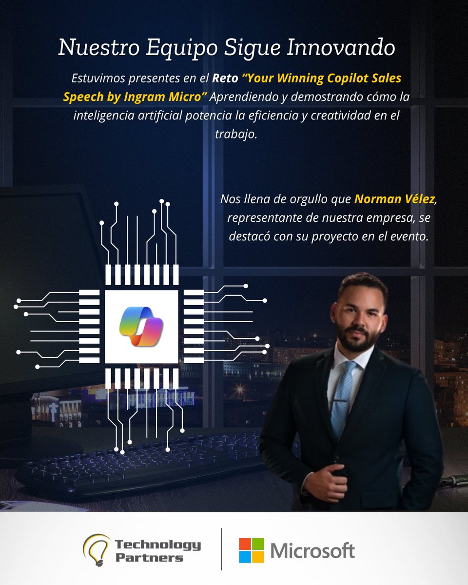 TechPartnersPR's tweet image. ¡Felicitaciones a Norman J. Vélez por su gran participación en el reto
"Your Winning Copilot Sales Speech by Ingram Micro".
Creatividad, claridad y enfoque en seguridad destacaron su propuesta con Copilot para-Microsoft 365. ¡Orgullo de equipo!