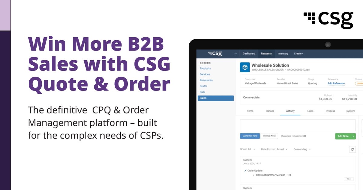 csg_i's tweet image. Tired of slow and clunky sales processes? 💡 Our demo shows how CSG Quote &amp;amp; Order can streamline your quote-to-cash workflow. 

🚀 Ready to close deals faster and boost profitability? Check it out today. 👉 spr.ly/6013A7VTB

#SalesAutomation #QuoteToCash #CPQ #TelecomB2B