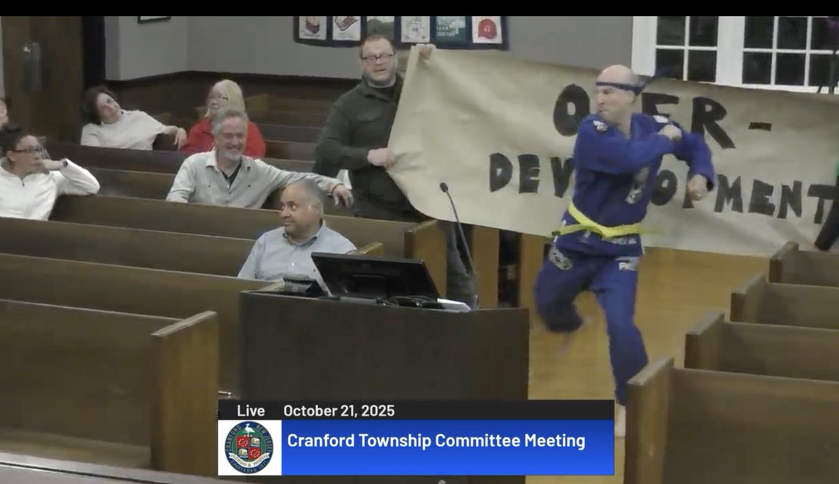 The latest Cranford Township Committee meeting: Independent candidate Will Thilly sang "Eye of the Tiger" as he did a karate demonstration.
