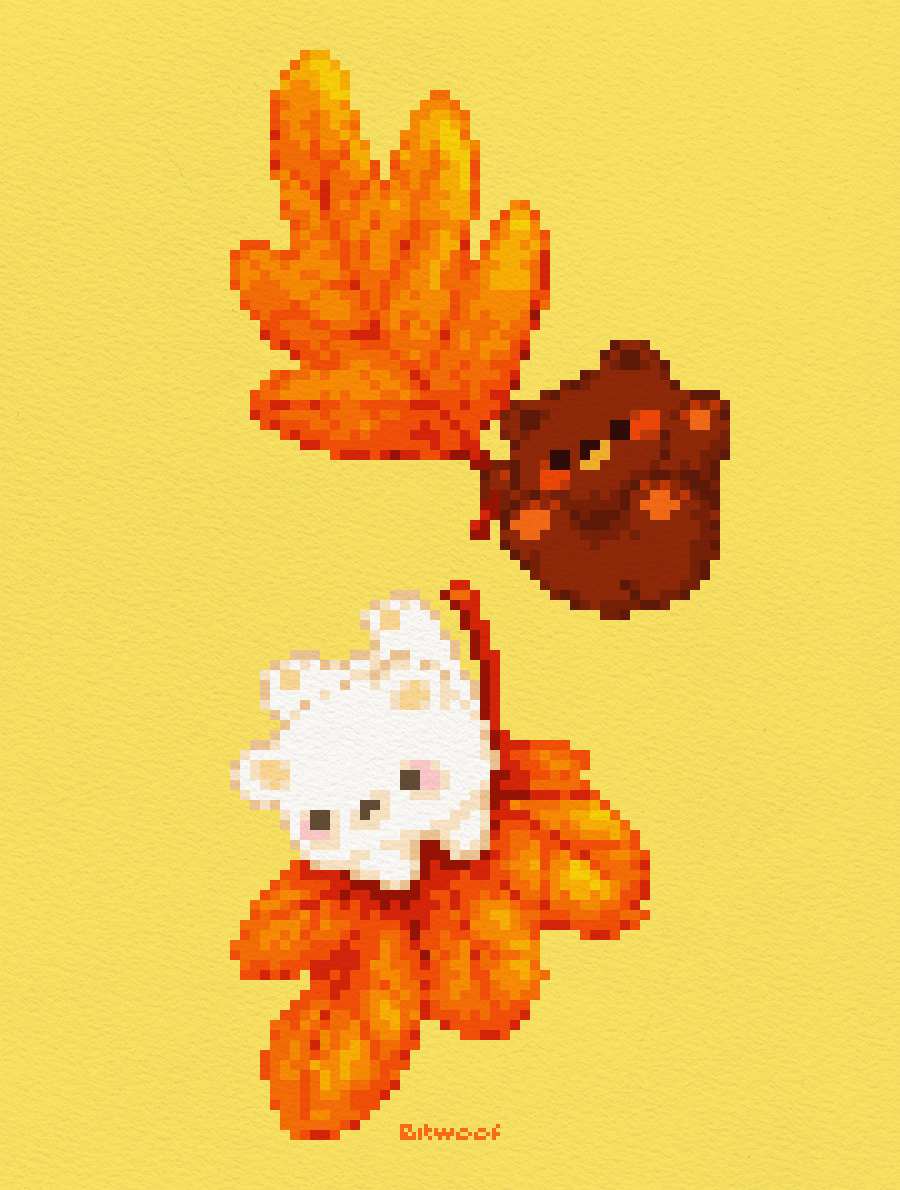 Little bears, big fall.🍁
Let's enjoy the autumn vibe.
#WIP #pixelart #ドット絵 #AutumnVibes