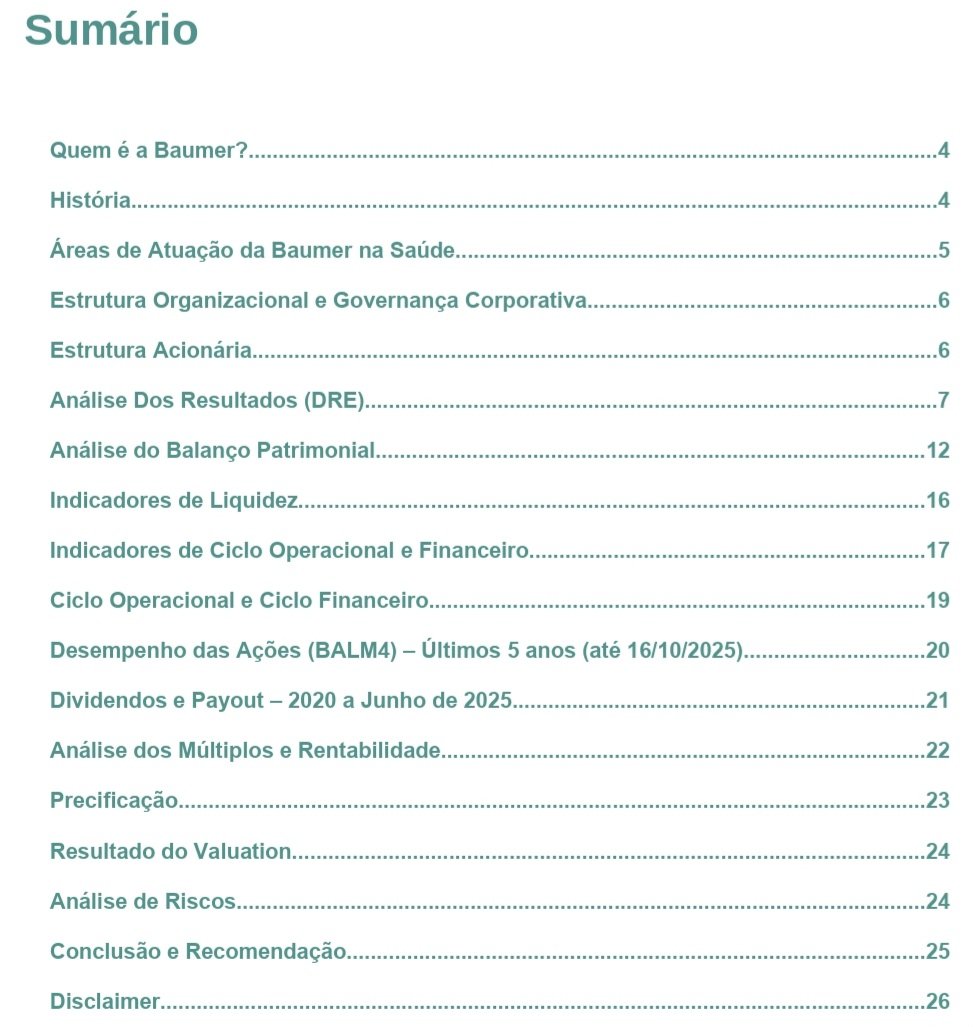 InvestCaps's tweet photo. Durante este mês me desafiei a produzir meu primeiro relatório de análise fundamentalista sobre ações, e confesso: exigiu bem mais dedicação do que eu imaginava 😅
A escolhida foi a Baumer (#BALM3 #BALM4), empresa da qual sou acionista há quase um ano.
Foram horas analisando dados e estudando os fundamentos do negócio, e o resultado ficou muito acima do que eu esperava.
Se você quer entender a fundo o negócio da Baumer, seus diferenciais e fundamentos, esse relatório entrega tudo em um só lugar.
👉 Quero saber: quem aqui realmente se interessa por análises mais profundas?
Comenta aí 👇 quero sentir o termômetro 🧐
🧩 Aqui vai só os tópicos abordados no relatório.