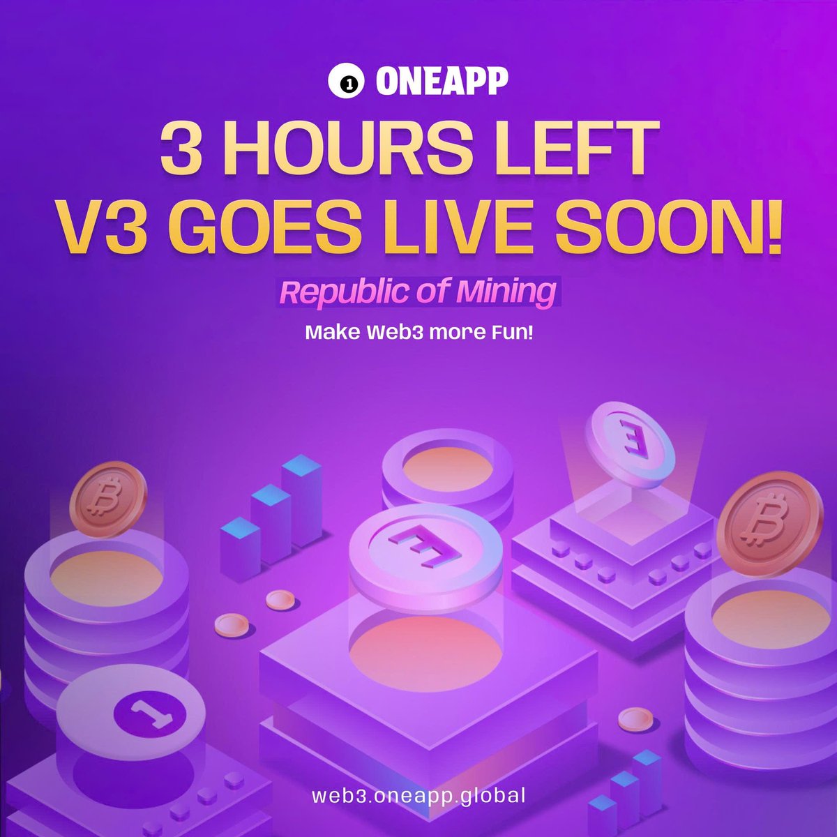 OneAppPlatform's tweet photo. [COUNTDOWN 3 HOURS LEFT] - ONEAPP V3 LAUNCH

⏳ Only 3 hours to go until OneApp V3 officially goes live!

Be among the first to mine, earn, and own with our new features - don’t be the one hearing about it later.

#OneApp #NextGenOneApp #OneAppV3 #BuildInPublic https://t.co/UkkfqCFoIb
