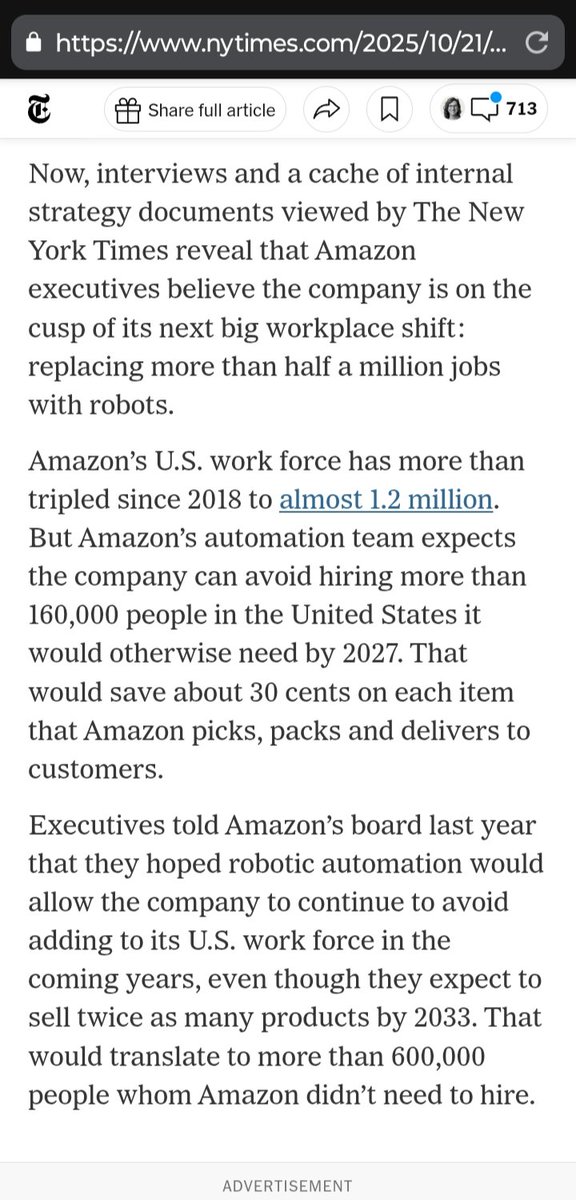 Amazon plans to automate roughly 75 percent of its operations, replacing more than 600,000 jobs with robots, according to interviews and internal strategy documents from the past year.

#ai
#Ecommerce 
Workflow #Automation
