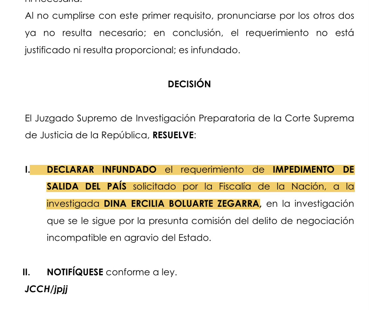 #LOÚLTIMO El juez Checkley rechaza el segundo pedido de impedimento de salida del país contra Dina Boluarte. Puede dejar el país en cualquier momento