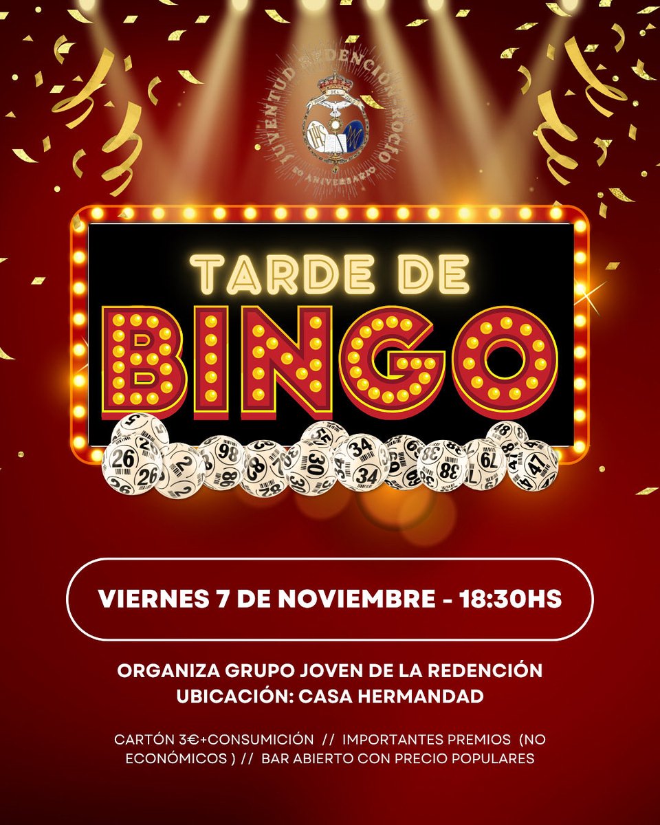 🎉 ¡Primera Tarde de Bingo! 🎉
📅 Viernes 7 de noviembre, 18:30h
📍 Casa Hermandad

Diversión, convivencia y premios muy especiales (¡no económicos! 😉).
🍻 Bar con precios populares a cargo del Grupo Joven.
🎟️ Cartón: 3€ + consumición.

¡Ven y disfruta en Hermandad! 💚💜