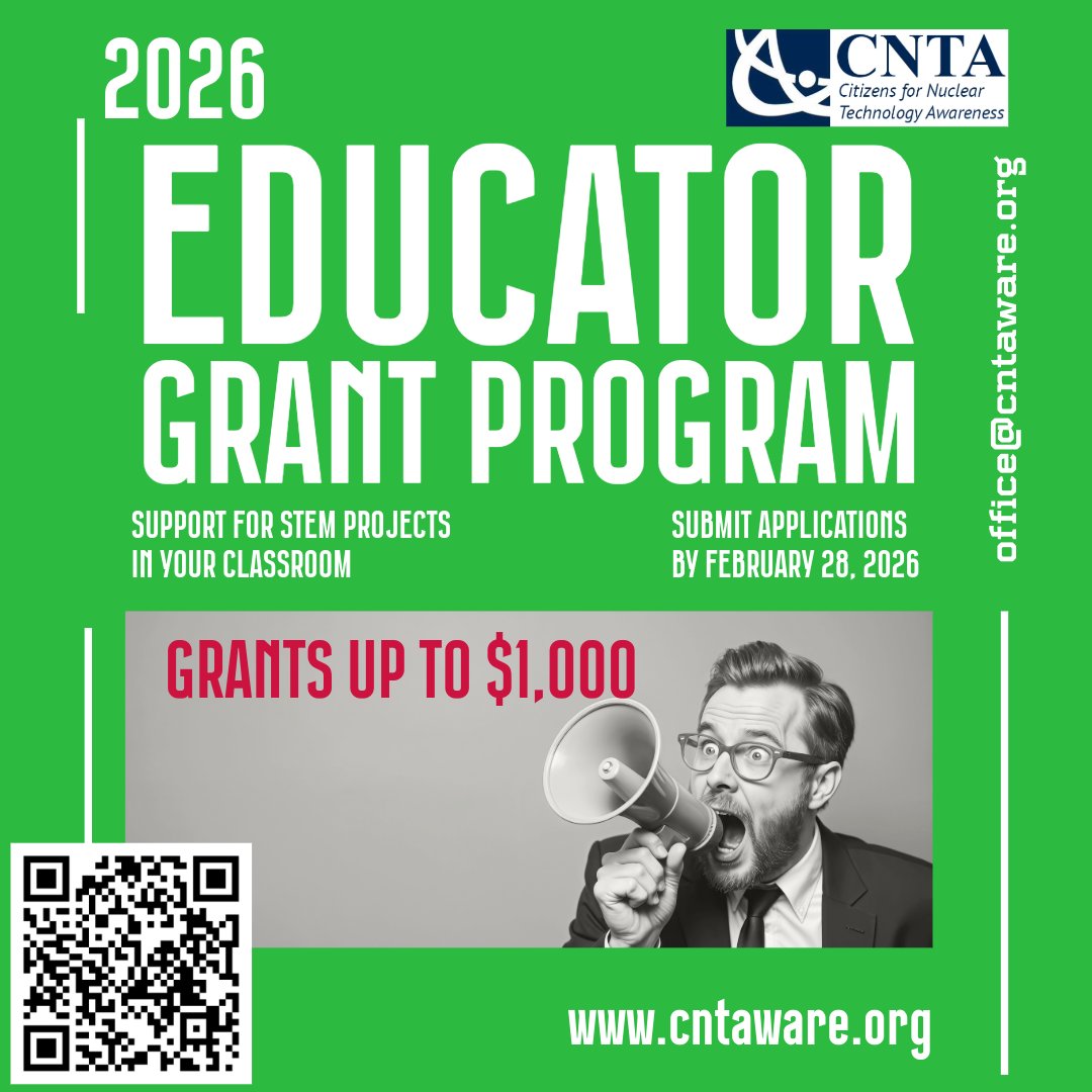 Calling all Educators! Submit a grant application for a chance to get $1000 towards your classroom STEM supplies! Find out more at: cntaware.org/educator-grant… #STEMEducation #NuclearScienceWeek