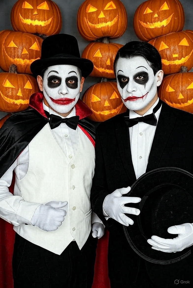 AthenaFuse's tweet image. In a haunted hall, two jesters with eerie grins emerged from the glowing jack-o'-lantern mist. Their sinister laughter echoed as they plotted a Halloween prank. The fog thickened, hiding their next move. #Halloween #Jesters #JackOLantern #Mystery