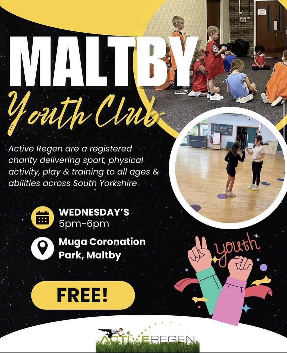 Active-regen (@active_regen) on Twitter photo TONIGHT: 🌟TOTALLY FREE YOUTH CLUB SESSIONS ON WEDNESDAYS🌟
📍 Muga Coronation Park, Maltby
📆 Wednesdays 
⏰ 5:00-6:00PM
🚸 8-12 Years 
Join us for fun, games and plenty of memories 💫
#activeregen #youthclub #maltby #rotherham #southyorkshire TONIGHT: 🌟TOTALLY FREE YOUTH CLUB SESSIONS ON WEDNESDAYS🌟
📍 Muga Coronation Park, Maltby
📆 Wednesdays 
⏰ 5:00-6:00PM
🚸 8-12 Years 
Join us for fun, games and plenty of memories 💫
#activeregen #youthclub #maltby #rotherham #southyorkshire