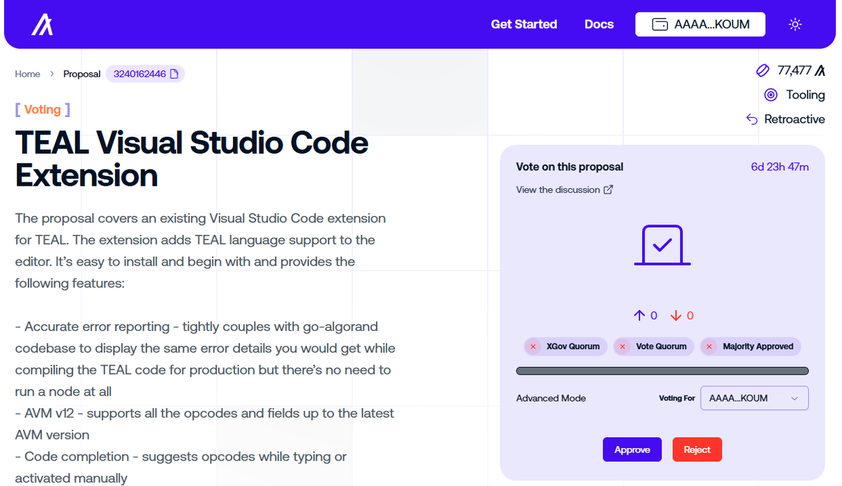 mzdrag's tweet image. I've submitted my VS Code Extension for TEAL xGov proposal for voting.
Please, have a look and vote on the xGov site.
Thank you for your time. Whatever your vote is - please do vote! 🙂