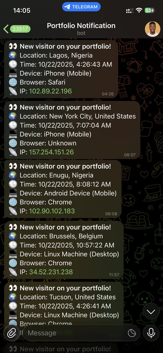 x_stackmike's tweet image. GM guys ☀️!
Just realized my portfolio site’s been chilling, doing absolutely nothing 😅 So I leveled up — added Telegram alerts to notify me of new visitors in real time 👀
Now my site finally talks back 😂💻📲 #Stackmike