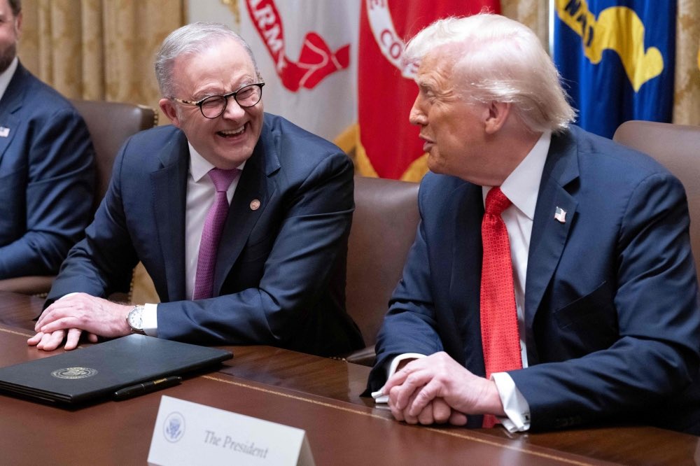 ausfirstnet's tweet photo. What happened during Albaneses’ meeting with President Trump just shows how unloyal and spineless our countries leadership is.

Albos own ambassador was made fun of, rightfully so, and his response was just to sit there and nervously laugh. 

They make us look like cowards in-front of the whole world.