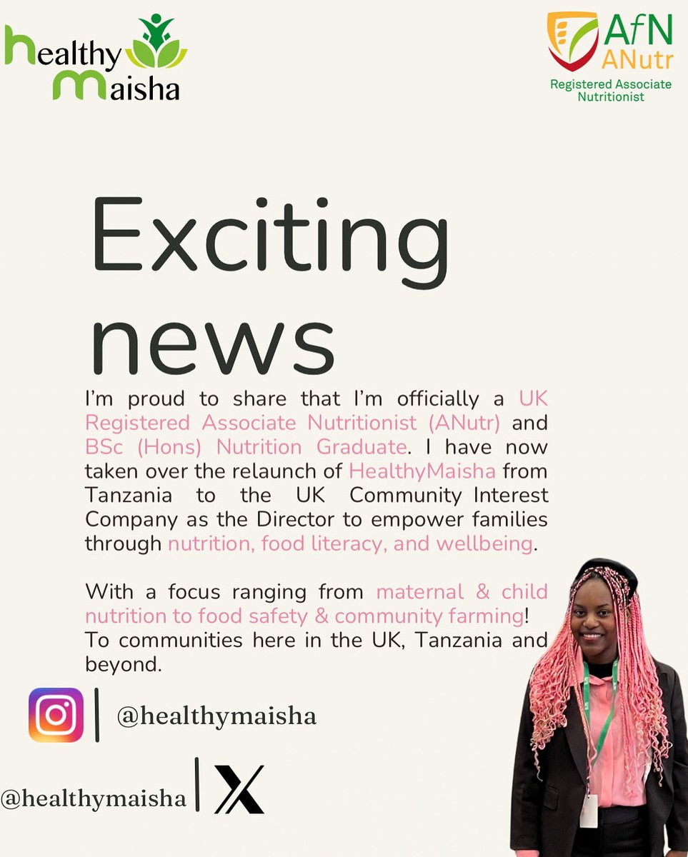 Excited to announce the relaunch of <a href="/healthymaisha/">healthymaisha</a> as a UK Community Interest Company! 🇬🇧

As a UK Registered Associate Nutritionist (ANutr), I’m passionate about advancing nutrition, food literacy &amp; wellbeing across the UK and Tanzania. 🌿