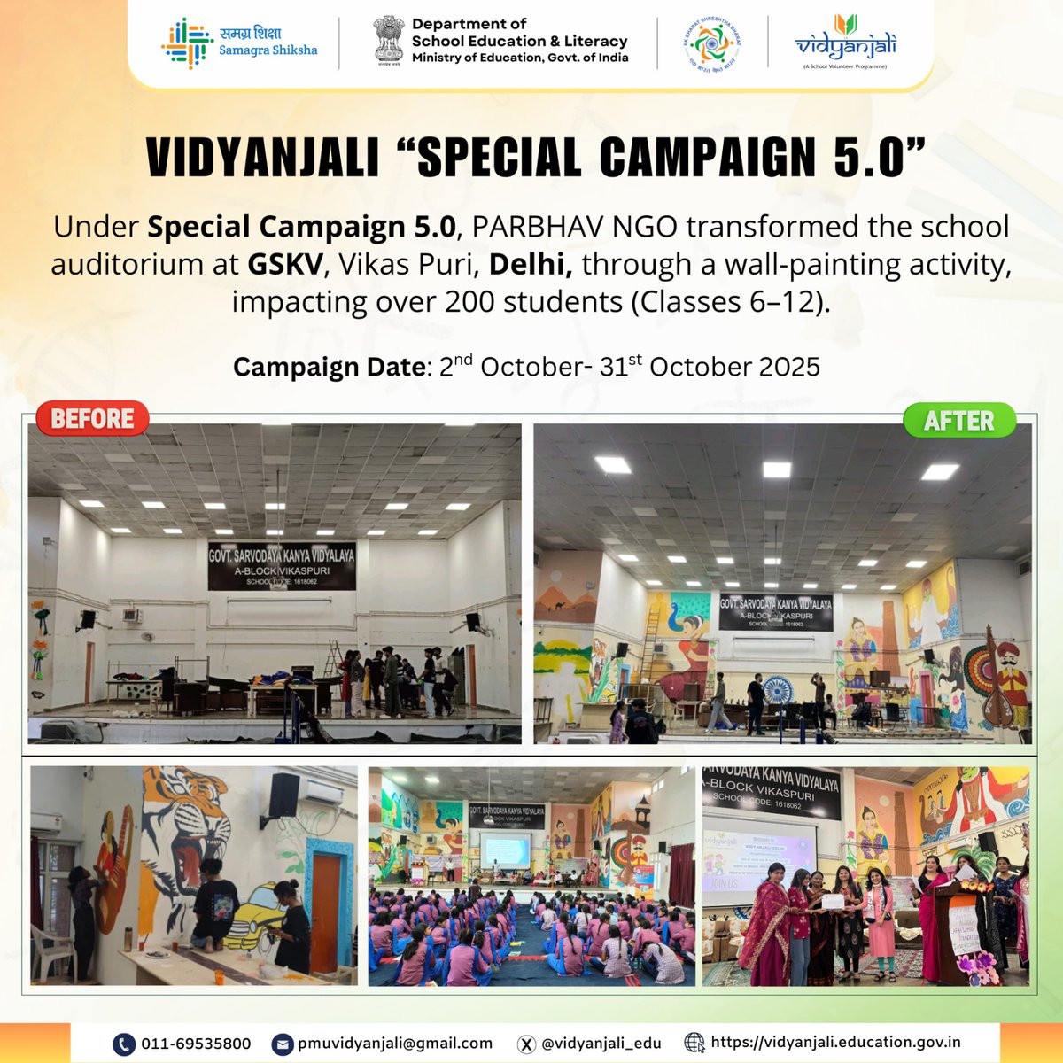 EduMinOfIndia's tweet image. Under #SpecialCampaign5.0 in Delhi, volunteers from PARBHAV NGO brought colors to learning through #Vidyanjali!
They painted vibrant walls in the school auditorium of GSKV A Block, Vikas Puri, Delhi, inspiring over 200 students from Classes 6–12.
#TransformingEducation…
