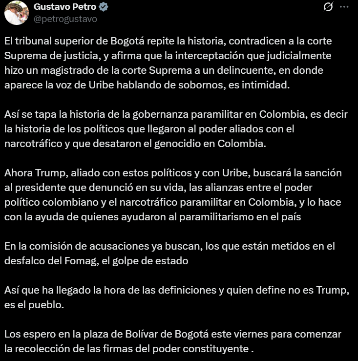 🇨🇴📢El presidente de #Colombia, Gustavo #Petro, convocó a la ciudadanía a reunirse este viernes en la Plaza de Bolívar, en #Bogotá, para dar inicio a la recolección de firmas con el objetivo de promover una Asamblea Nacional Constituyente, luego de la absolución del expresidente